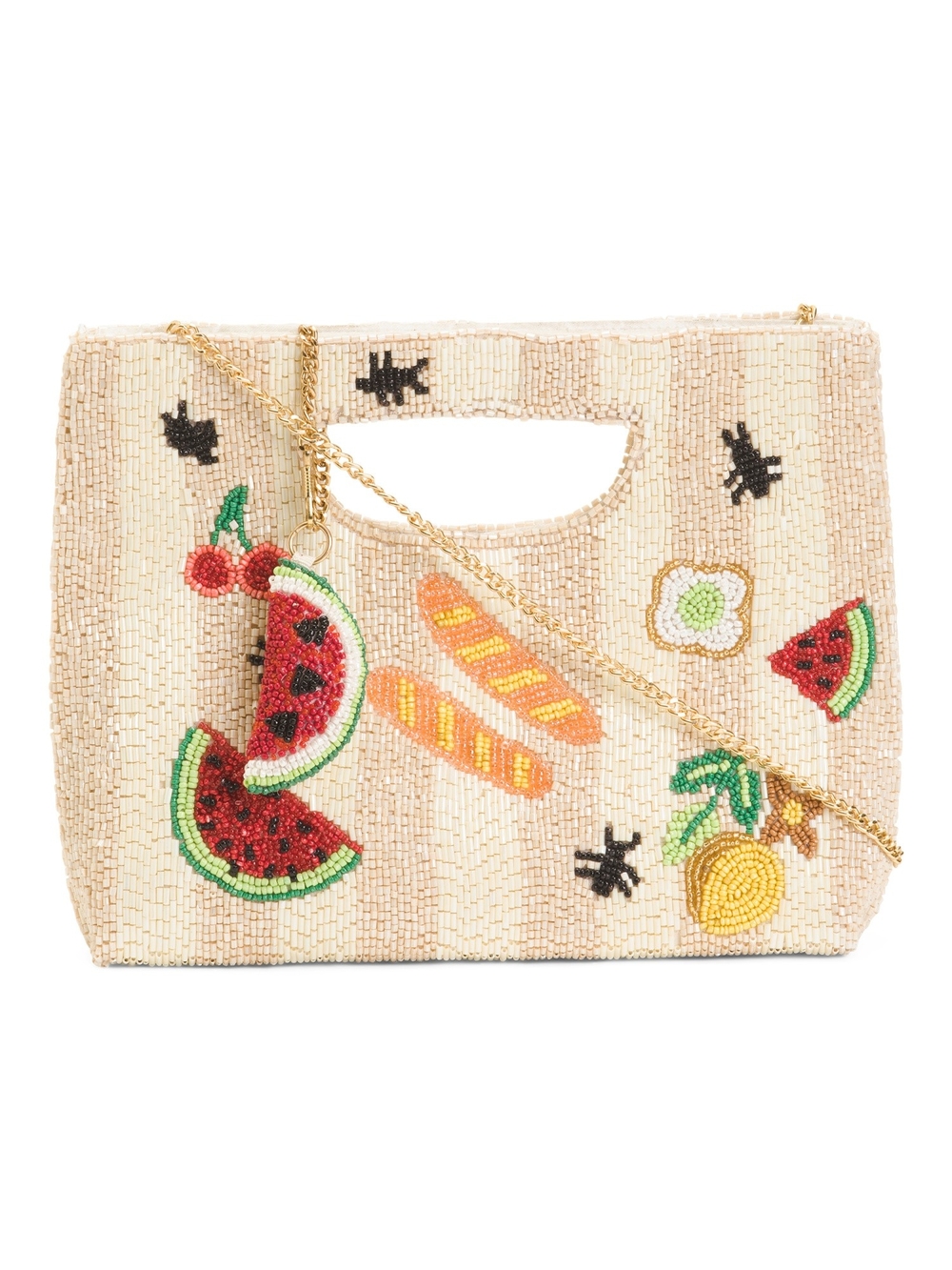 Cream Beaded Mini Handbag with Fruit & Bakery Motifs